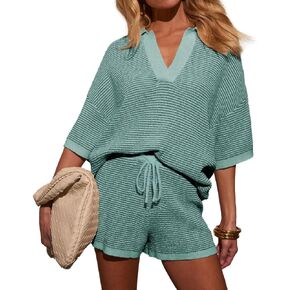 Womens Crochet Short Sets 2 Piece Outfits Half Sleeve V Neck Knit Top High Waisted Shorts Striped Pajamas Set