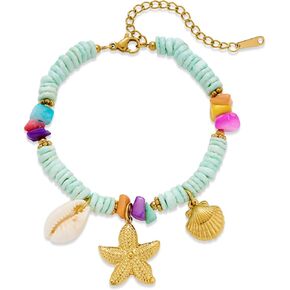 WOWORAMA Starfish Seashell Bracelet for Women Gold Beach Shell Charm Bracelets Adjustable Shell Beads Bracelet Boho Hawaiian Ocean Mermaid Bracelet