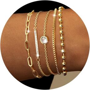 Dochais Gold Bracelets for Women Trendy 14k Gold-Plated Stackable Dainty Bracelet Adjustable Charm Paperclip Cuban Link Chain Tarnish Free Gold Jewelry Sets Fashion Accessories Gifts