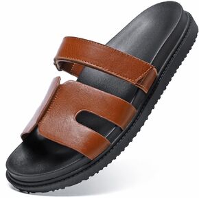 ZEENXIUYA Women's Slide Sandals with Adjustable Velcro, Arch Support Summer Beach Slides, Comfort Lightweight Cushion Slip on H-Strap Leather Open Toe Flat Sandal
