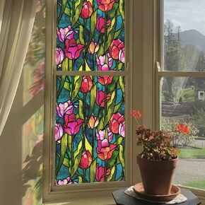 funlife Original Hand-Drawn Faux Stained Glass Window Film, Double-Sided Static Cling Window Cling Suitable for Entryway, Reusable Glass Windows Door Decor, 11.8"x118", Summer Red Tulip