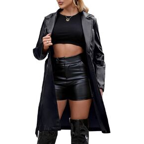 Leather Jacket Women Trench Coat Long Loose Button Jacket Open Front Motorcycle Coat with Belt