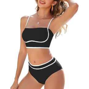Urchics High Waisted Bikini Sets for Women Color Block Sporty Two Piece Swimsuits Straps Modest Bathing Suits