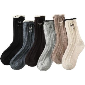 6 PCS الجوارب الكشكشة للنساء القوس جوارب لطيفة coquette المطرزة الطاقم خمر الكاحل الصوف الدافئ