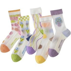 Verdusa Women's 5 Pairs Floral Patterned Sheer Mid Calf Socks Mesh Summer Cute Crew Socks