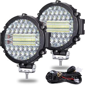 Round LED Off Road Pod Lights, 7 inch LED Offroad Driving Lights with Wiring Harness 201W 15000LM LED Driving Auxiliary Fog Lights for ATV, SUV, Truck, Pickup, Golf, 2 Pack