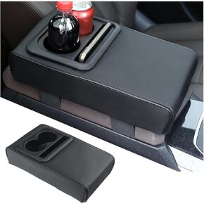 Car Center Console Armrest Pillow with Cup Holder, Leather Middle Console Protection Cushion with Phone Holder, Memory Foam Auto Arm Rest Box Cover, Universal Vehicle Accessories (Black)