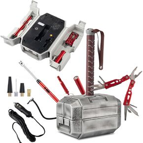 Electric Air Pump with Thor Hammer Toolbox-Camping Accessories,100 PSI Portable Air Compressor with 4000mAh Battery for Bikes and Cars Tire, Balls,air mattresses,Novelty Gift for Men