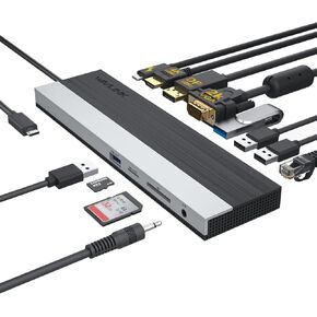 محطة إرساء USB C USB C إلى محول HDMI مزدوج USB C Hub شاشة مزدوجة، 13 في 1 متعدد المنافذ عرض ثلاثي من النوع C دونجل مع HDMI مزدوج 4K، DP، شاحن PD، 5 USB، إيثرنت، قارئ بطاقة SD TF، صوت