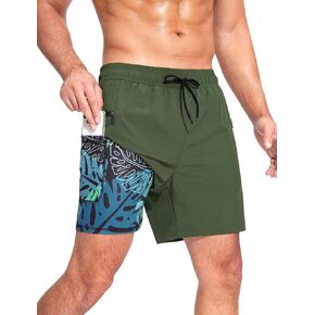 Mens Swim Trunks with Printed Compression Liner Quick Dry Bathing Suits 6" Beach Swimming Shorts with Zipper Pockets