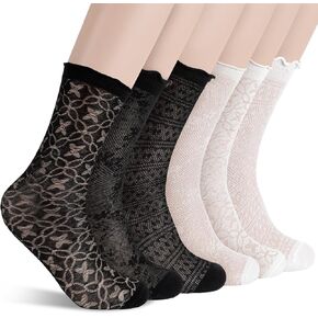 6 Pairs Women's Ruffle Crew Summer Socks, Mesh Casual Cotton Lace Socks with Frilly Trim Cute Breathable Knit Sheer Thin Ankle Socks
