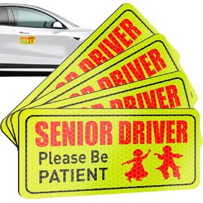 4 PCS Senior Driver Stickers, Senior Driver Car Magnet, Reflective Magnetic Safety Sign, Please Be Patient Senior Driver Magnet for Old People Gifts, Safe Decals for Car Bumper, Car Accessories