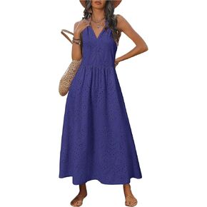 Newshows Women's 2025 Summer Maxi Dresses Halter V Neck Eyelet Hollow Out Long Flowy Beach Vacation Boho Dress with Pockets in Kuwait