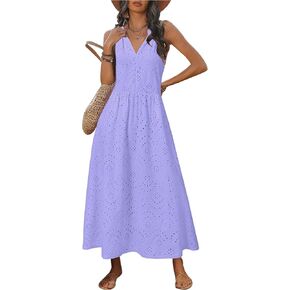 Newshows Women's 2025 Summer Maxi Dresses Halter V Neck Eyelet Hollow Out Long Flowy Beach Vacation Boho Dress with Pockets