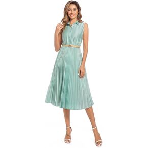Elegant Satin Sleeveless Midi Summer Dress for Women with Belt,Fit and Flare for Formal Business Casual