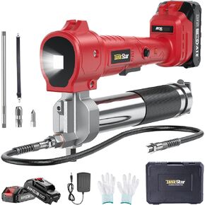 Battery Grease Gun, Super Efficient Electric Grease Gun Kit with 2 Batteries and Charger, 39.4" Flexible Hose and Coupler, 10000 PSI Cordless Grease Gun with Super Bright LED Light, Red