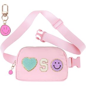 Fanny Pack for Girls 4-14, Nylon Kids Crossbody Bag Belt Bag with Keychain, Party Waist Bags for Kids Teens Girls, Personalized Gifts for Birthday Party Christmas, Pink A