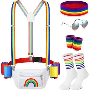 Mepase Gay Pride Rainbow Fanny Pack Accessories Outfit Beverage Beer Belt Set with Drink Holders Socks Sunglasses Sweatband(Colorful)