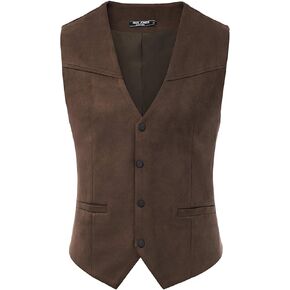 PJ PAUL JONES Mens Faux Suede Leathr Suit Vest Western Cowboy Dress Vests with Pockets