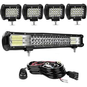 LED Light Bar- 20/22 Inch Curved 390W Triple Row Offroad Driving Spot Flood Combo Beam Bar + 4pc 4inch 72W Led Pod Lights with Wiring Harness Fit for Pickup Trucks SUV ATV UTV Boat Lights