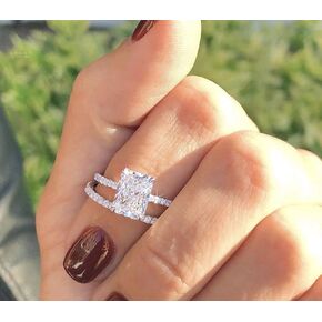 925 Sterling Silver Shiny Full 2Pcs Women Zircon Rings Set Square Cut Cubic Zirconia Engagement Rings Bridal Wedding Bands for Her Size 7