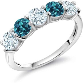 Gem Stone King 925 Sterling Silver Sky Blue Aquamarine and London Blue Topaz Wedding Band Ring For Women (0.95 Cttw, Round 3.5MM, Gemstone March Birthstone, Available In Size 5, 6, 7, 8, 9)