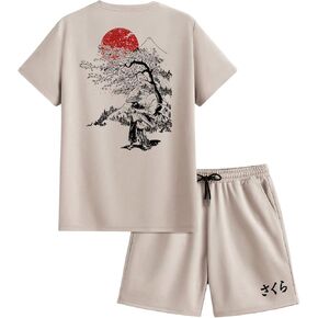 COZYEASE Men's 2 Pieces Outfits Graphic Print Short Sleeve T-Shirt And Drawstring Shorts Set