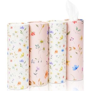 Car Tissue Holder with 3-Ply 7.1x7.1in Facial Tissue - 4PK Wild Floral Travel Tissues Bulk Box Tubes Container Fits for Car Cup Holder Round Car Tissues Cylinder, 200 Counts (Pink)