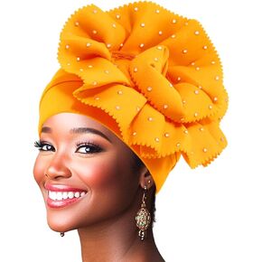Urieo African Turban Headwrap Flower Pre Tied Head Wrap Cap Pearl Beanie Head Scarf for Women (Orange)