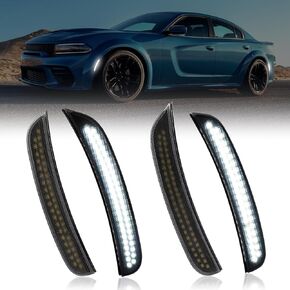 LED Side Marker Lights Compatible with Dodge Charger 2015-2023, Daytona 2024 White Front & Rear Bumper Marker Lamps Smoked Len, 4PCS