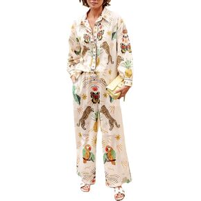 Women Graphic 2 Piece Pants Outfit Short Sleeve Button Down Shirt Wide Leg Pants 2024 Summer Boho Beach Suit (print set ivory,M), Medium