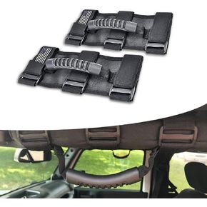 2 PCS Automoyive Roof Handle Arm Straps, Anti-Stretch Three Straps American Flag Design Closure Auto Grip Handle, Auto Safe Travel Accessory, Compatible with Wrangler Jeep (Black)