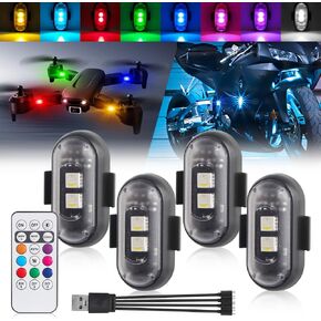 4PCS Wireless LED Strobe Lights with Remote Control, 1 in 4 USB Charging 8 Colors Waterproof for Car Interior LED Light Motorcycles Bike Drone Truck Anti-Collision