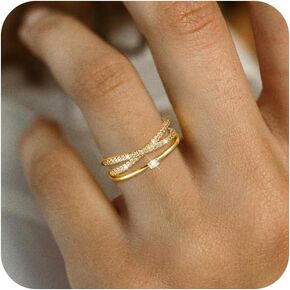 14K Gold/Sterling Silver Plated Rings for Women Non Tarnish,Open CZ Dainty Stackable Rings Adjustable Promise Engagement Ring Gift for Her