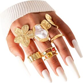 Gold Chunky Rings Set for Women,14K Gold Stackable Pearl Rings Open Stacking Knuckle Statement Ring Adjustable Round Dome Pearl Ring Set Minimalist Irregular Prom Costume Accessories