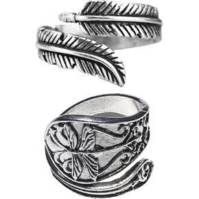 2Pcs Silver Spoon Rings, Thumb Stackable Rings Adjustable, Vintage Statement Ring Dragonfly Feather for Women Men
