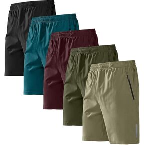BUYJYA 5 Pack Men's Athletic Gym Shorts Set Workout Basketball Running Elastic Waist with Zipper Pocket Gift