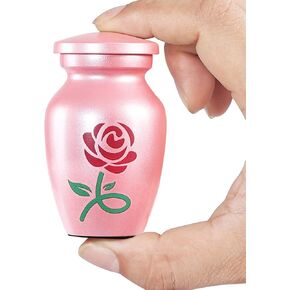 Small Pink Keepsake Urn for Human Ashes or Pet Ashes, Qty 1 (Rose Flower), Aluminum Cremation Urn, Mini Funeral Urn, with Velvet Bag