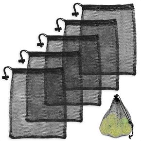 Jambala Mesh Drawstring Bags, 5 Pcs, 11 x 7 Inch - Nylon Net Bags for Swim Gear, Golf Balls, Tennis Balls, Gym Items, and Beach Essentials