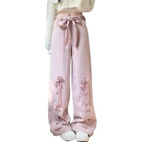 y2k bow tie joens للنساء الفضفاضة غير الرسمية سروال الساق الساق kawaii مباشرة عالية الخصر سراويل الوردي