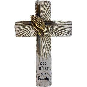 Praying Hands Wall Cross – “God Bless Our Family" – 11. 7/8" Resin Religious Wall Decor with Radiating Rays – Inspirational Christian Home Sculpture Jesus Art Decoration