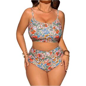 Floerns Women's Plus Size Boho Floral Tankini Swimsuit عالية الخصر 2 قطعة ملابس السباحة