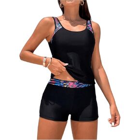 SOLY HUX Women's 2 Piece Bathing Suit Tribal Print Scoop Neck Tankini Top and Shorts Set Swimwear