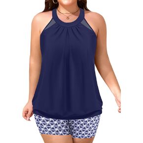 Women Plus Size Tankini Swimsuits with Shorts Tummy Control Two Piece Blouson Bathing Suits High Neck Swimwear Blue Star