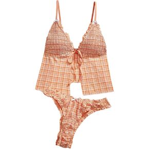 Milumia Women's Gingham Plaid Tankini Set Tie Front Smocked Camisole Frill Hipster Swimsuit Bikini Set