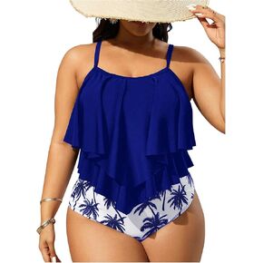 SweatyRocks نساء زائد حجم بوهو طباعة المدارية Tankini Swimsuit كشكش 2 قطعة بدلة السباحة