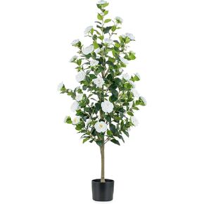 BLOSMON Artificial Tree Plants Outdoor: 4.9ft Tall Fake Camellia Flower Trees for Home Front Porch Decor - Faux White Rose Plants with Pot for Patio Yard Indoor Living Room