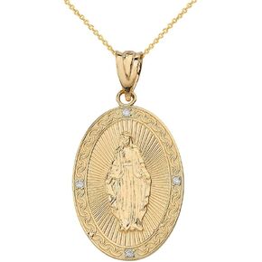 Religious Jewelry 10k Yellow Gold Blessed Virgin Mary Miraculous Oval Medal Diamond Necklace (1")