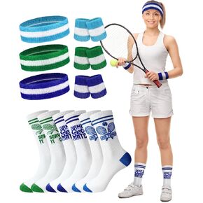 Shihanee 9 Pcs Tennis Sweatbands Set Sports Striped Headband and Wristbands Athletic Socks for Tennis Lover Gear Accessories