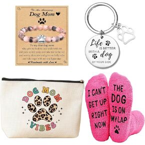 Dog Mom Gifts for Women, 4pcs Women Gift Set for Dog Lovers, Animal Paw Funny Socks, Birthday Present with Portable Cosmetic Bag,Bracelet,Keychain